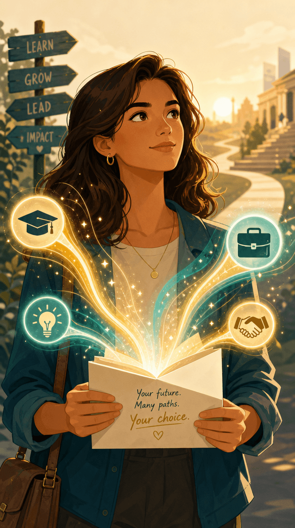 A person holding an open document as symbols of education, work, ideas, and partnership emerge around them.