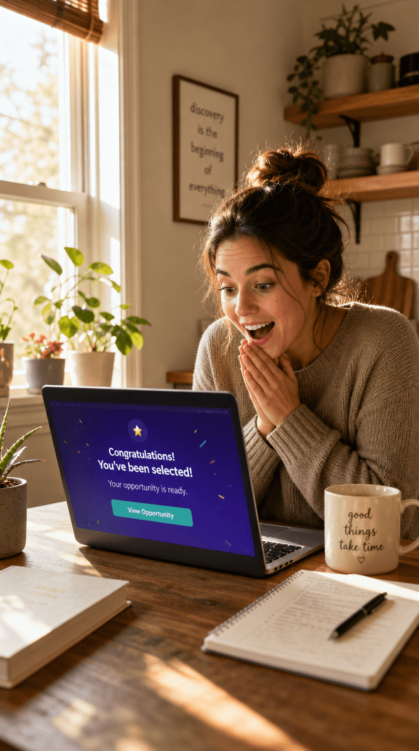 A person reading an opportunity notification on a laptop in warm morning light.