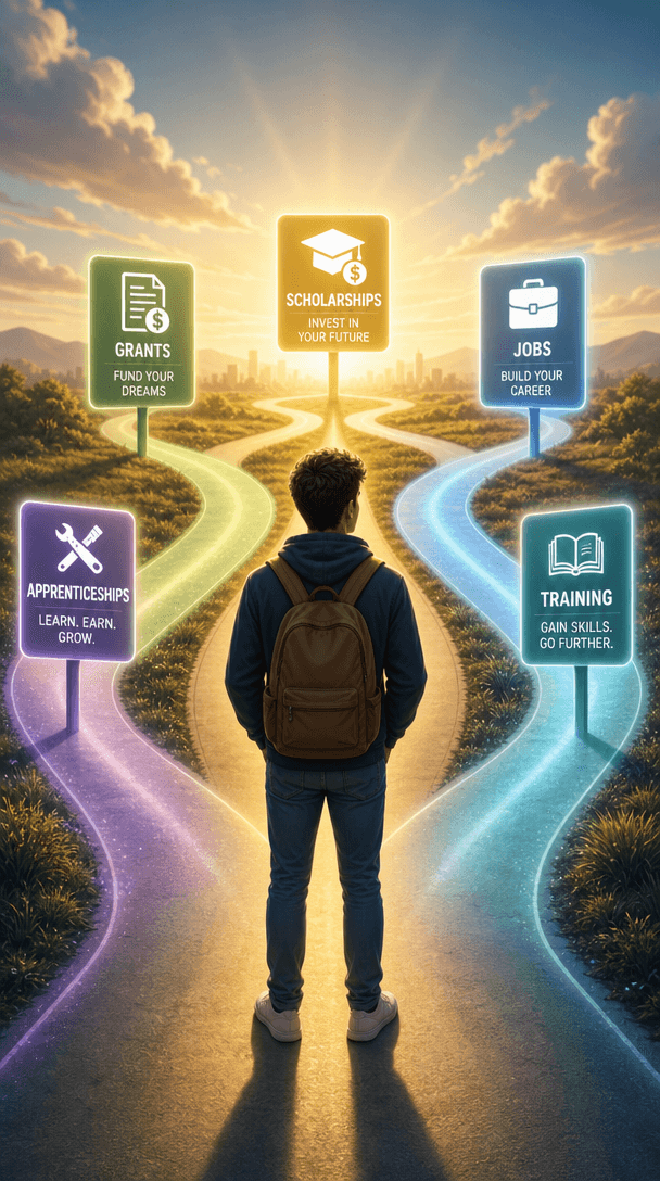 A person standing at a crossroads as several illuminated paths open toward different opportunities.