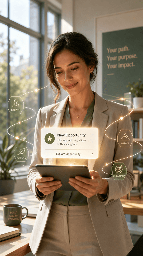 A person holding a tablet with a highlighted opportunity, surrounded by shapes suggesting connected pathways.