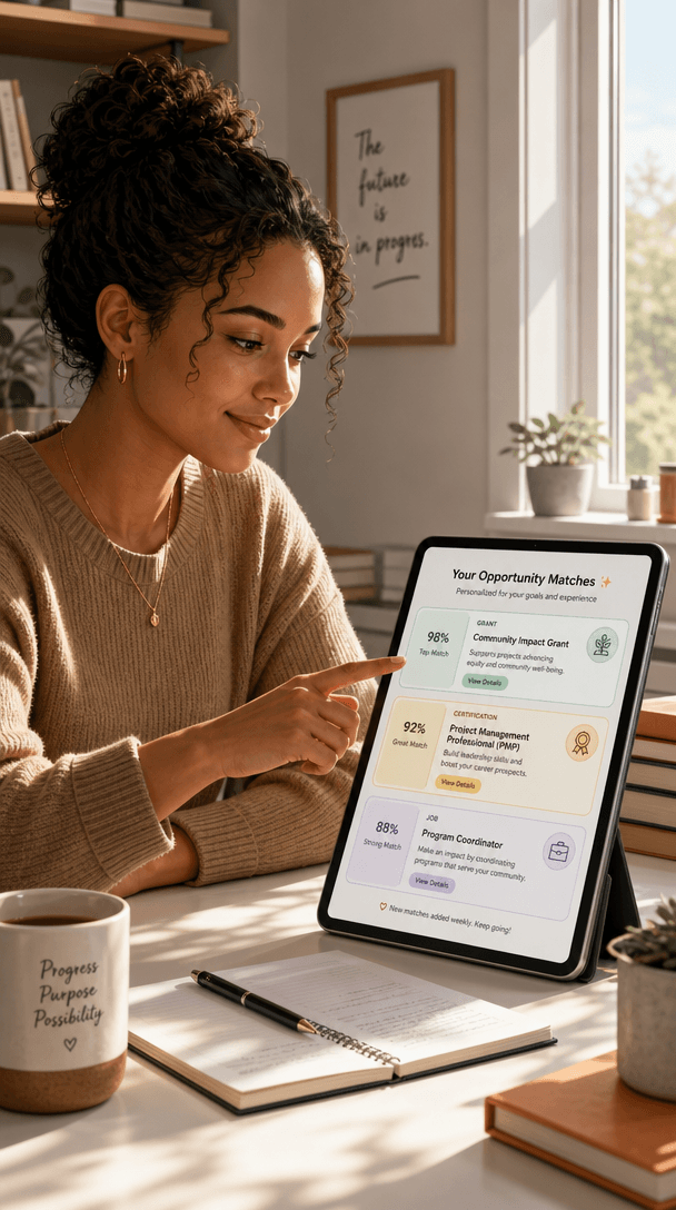 A person reviewing personalized grants, certifications, and job matches on a tablet.